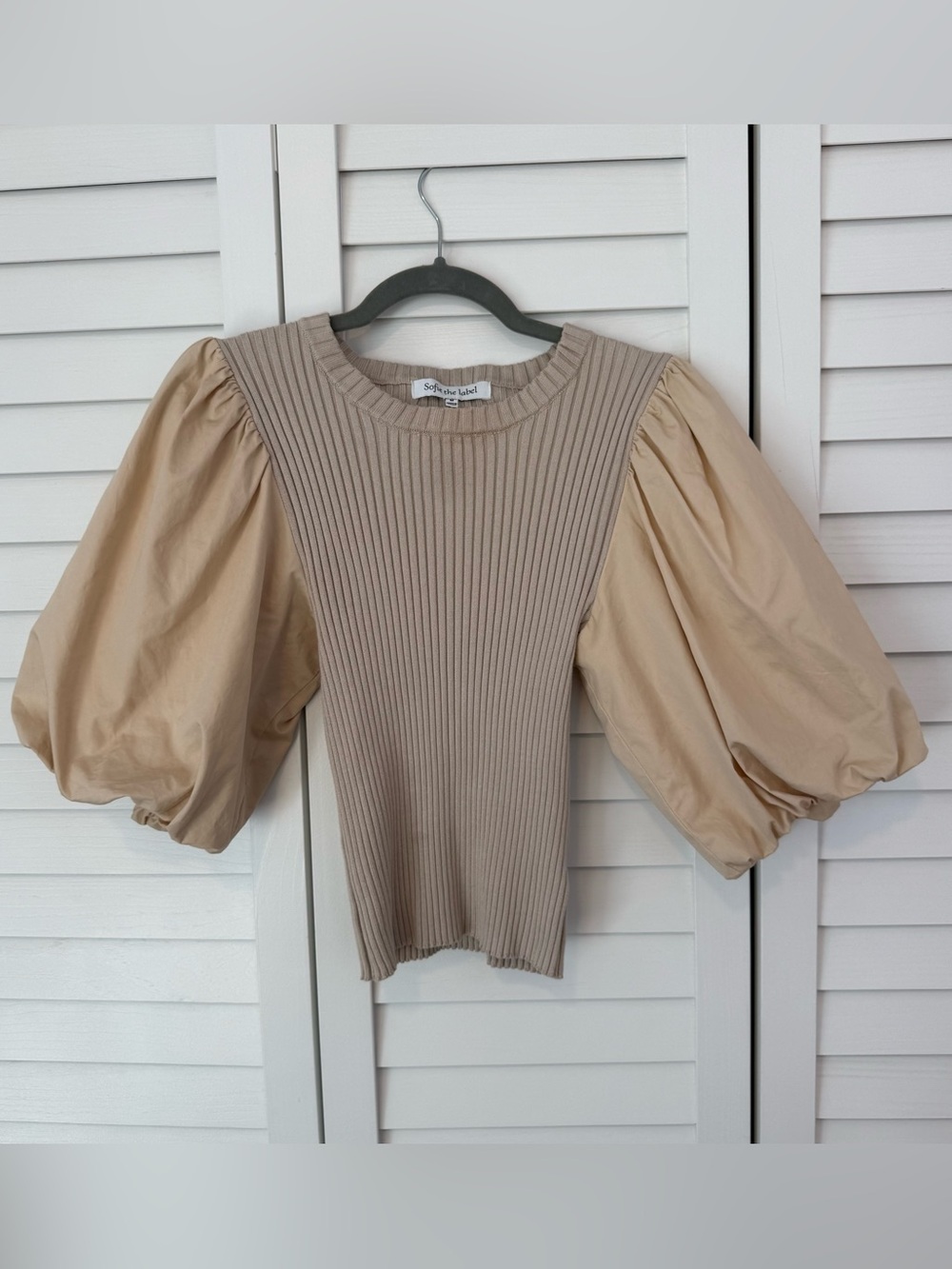 Puff-Sleeve Ribbed Knit Top in Beige Work Boho Business Casual Fall Neutral